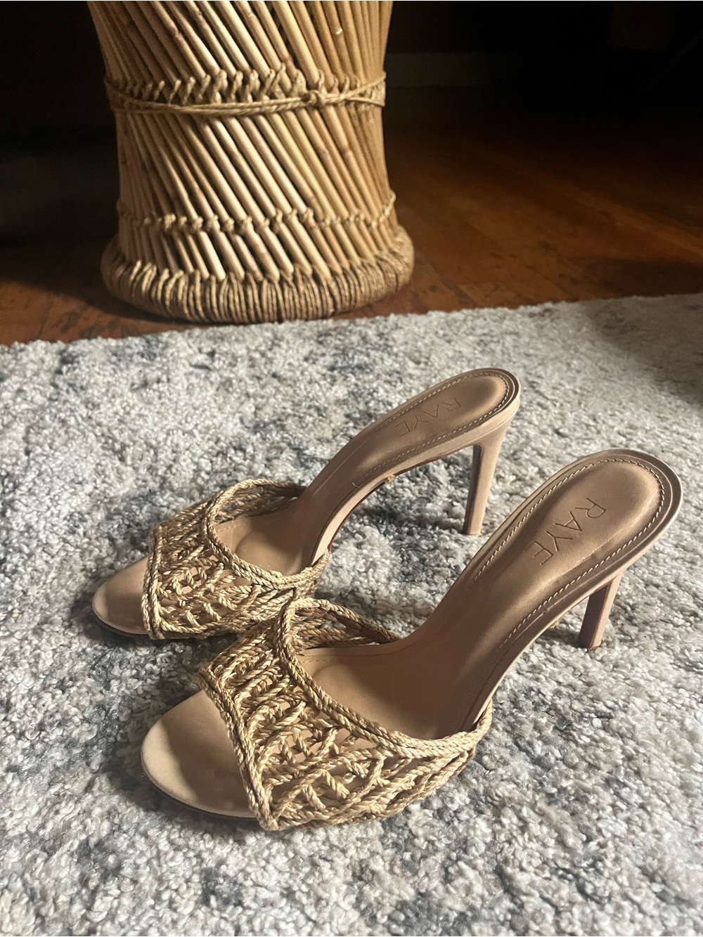 RAYE Beige Braided Open-Toe Slide Heels